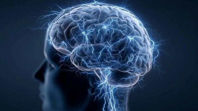 A brain with lightning bolts coming out of it. The brain is shown in a blue color. Concept of power and energy