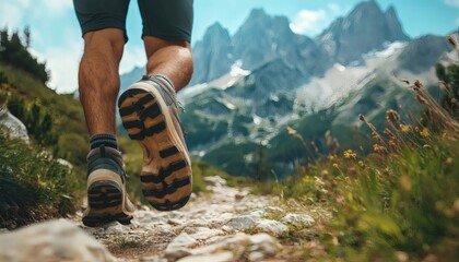 The image shows a close-up view of a person's legs and feet while hiking on a rocky trail, with a mountain range visible in the background.