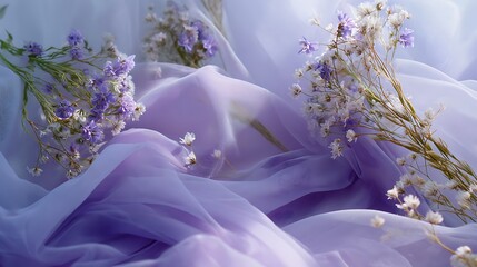 Gentle close up of purple and white flowers on a soft, flowing fabric, creating a serene and dreamy atmosphere with delicate details