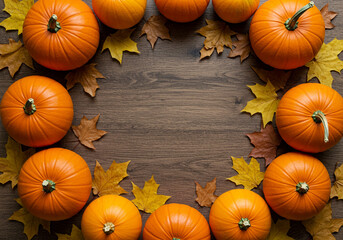 Autumn Pumpkin and Leaf Frame: A top-down (flat lay) view of a border or frame created by small pumpkins and colorful fall leaves on a dark wooden background, leaving a blank space in the center for t