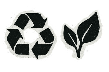 Grunge recycle symbol, leaf icon set. Urban graffiti street art style. Eco friendly, sustainable, zero waste concept. Distressed spray paint texture. Ecology, environment.