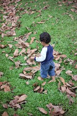 A curious toddler explores an outdoor setting, holding a brown leaf while standing among green...