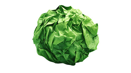 Crumpled green glossy paper ball with shiny wrinkled texture and vibrant color recyclable waste material illustration isolated on white background