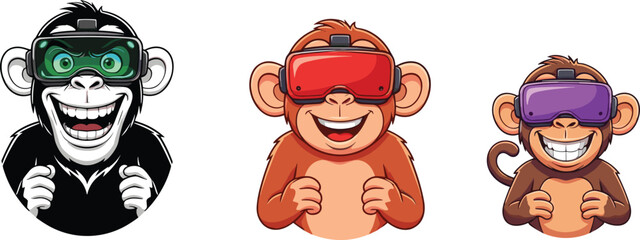 Funny cartoon monkeys wearing virtual reality headset, VR goggles chimpanzee illustration, gaming technology character art, futuristic entertainment animal design clipart