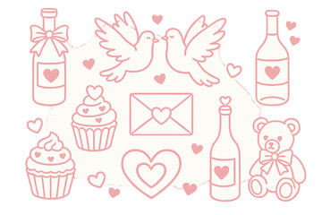 Cute Valentine's Day linear clipart collection with pink girly coquette y2k aesthetic, vintage wine bottles, doves, cupcakes, teddy bear, love hearts, romantic doodles set