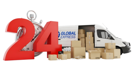 A 24hour delivery service concept with van, boxes, and stopwatch isolated on white isolated on transparent background