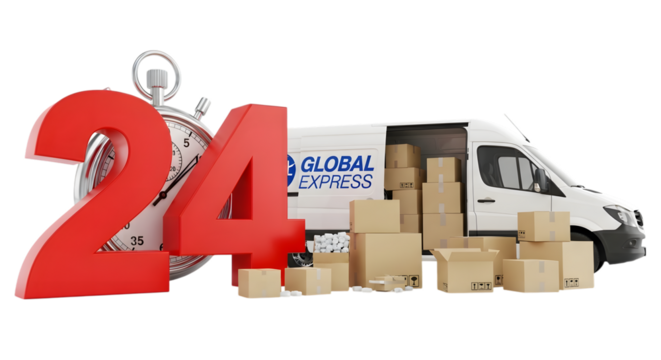 A 24hour delivery service concept with van, boxes, and stopwatch isolated on white isolated on transparent background
