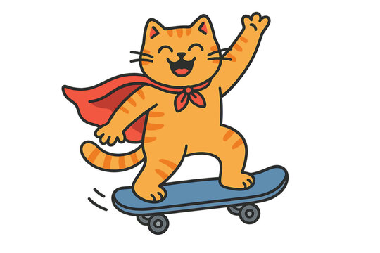 Cheerful orange cat superhero riding skateboard, happy cartoon feline with red cape, congratulation greeting card design, fun playful pet on skateboard illustration