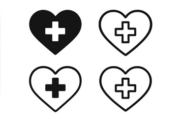 Heart with medical cross vector icon set. Health, medicine, and cardiology concept. First aid, plus sign, and emergency symbol collection. Healthcare, love, and care logo.