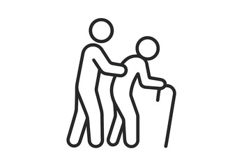 Helping elderly person icon. Caregiver assists senior with cane. Symbol of compassion, support, and respect for old age. Thin line vector illustration, editable stroke.