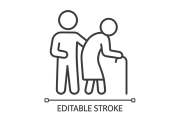 Helping elderly line icon. Caregiver assisting senior person with cane. Concept of support, compassion, respect, assistance, and volunteering. Nursing home vector symbol.