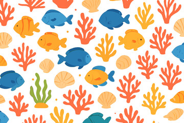 Seamless sea pattern with colorful corals, seashells, and fishes. Flat vector background. Cartoon underwater ocean life illustration. Marine animal design for kids, fabric, textile.