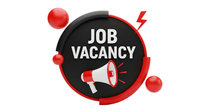 Job vacancy sign with megaphone isolated on transparent background announces new opportunity