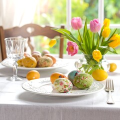 Easter table setting with colorful eggs and tulips