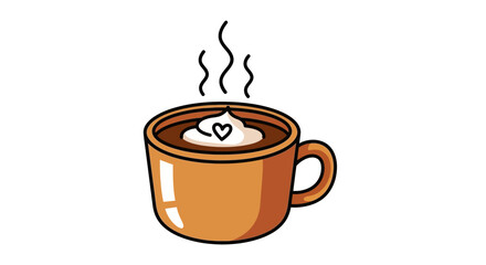 Illustration of a cute coffee cup with heart shaped whipped cream and steam