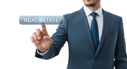Man in suit touching a real estate button isolated on transparent background