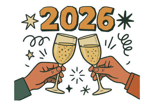 Happy New Year 2026 retro greeting card design. Hands clinking champagne glasses in a toast. Festive holiday party celebration vector illustration in vintage collage art style. - Powered by Adobe