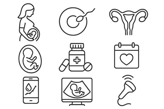 Prenatal fertility care thin line icon set. Editable stroke vector icons for pregnancy, conception, female health, baby development, ivf, ultrasound, ovulation and embryo.