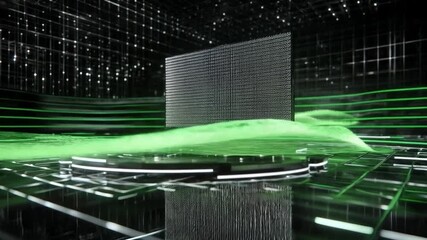 Abstract technology background with green light trails and digital display animation - Powered by Adobe