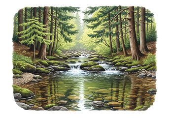 A tranquil river flows through a lush green forest with tall trees and mossy rocks isolated on transparent background