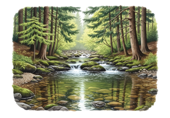 A tranquil river flows through a lush green forest with tall trees and mossy rocks isolated on transparent background