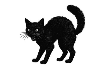 Scary black cat with arched back. Hissing angry kitten. Halloween symbol of superstition, witchcraft and bad luck. Spooky feline pet. Vintage halftone vector illustration.