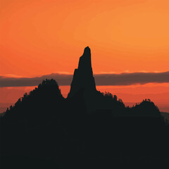 Mountain Ridge Silhouette Vector Illustration Isolated Against Orange Sky Art Design