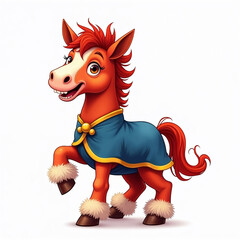 Cartoon red horse wearing a blue winter cape isolated on white background as a symbol of the Year 2026, with space for copy 