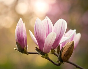 Blossoming magnolia flowers in soft sunlight