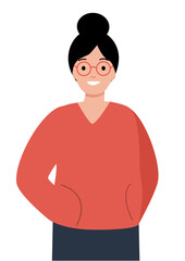 Happy woman with dark hair bun and glasses in a red sweater. Modern cheerful female character illustration for profile avatar or social media.