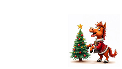 Cartoon red horse next to a Christmas tree, isolated on white background, space for copy