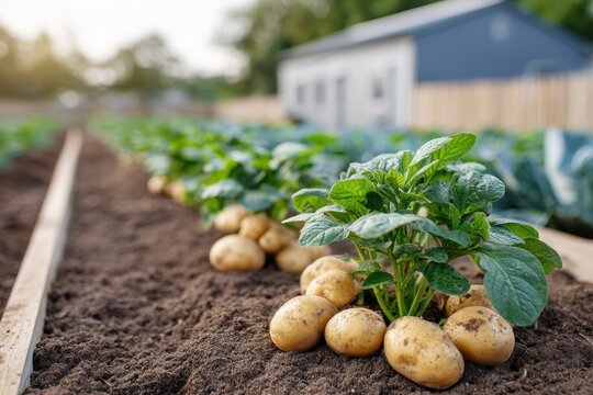 Freshly harvested potatoes lie around vibrant green potato plants in a thriving garden bed, with rows of crops extending into the background.