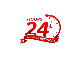 A red sign with a clock and the words 24 hours service everyday isolated on transparent background