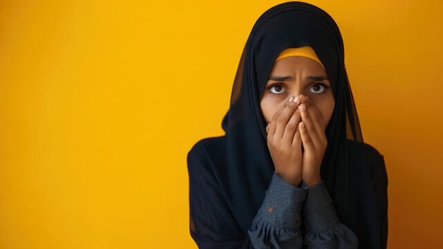 A woman in a black hijab covers her face with her hands, a gesture of modesty and privacy