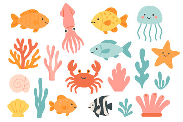 Underwater world set with colorful fish, squid, crab, jellyfish, starfish, seashells, and quirky coral reef creatures, cute flat hand-drawn ocean animals illustration