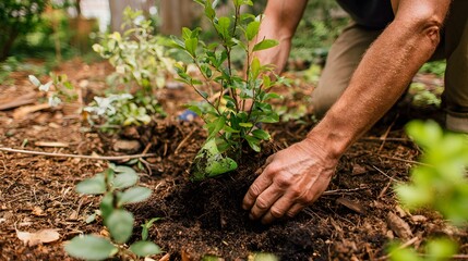A person planting a small shrub in the ground, wearing gloves, focused on gardening, surrounded by greenery