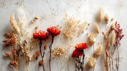 Dried flower arrangement featuring red strawflowers and various dried grasses on a textured white background, creating a rustic and natural aesthetic