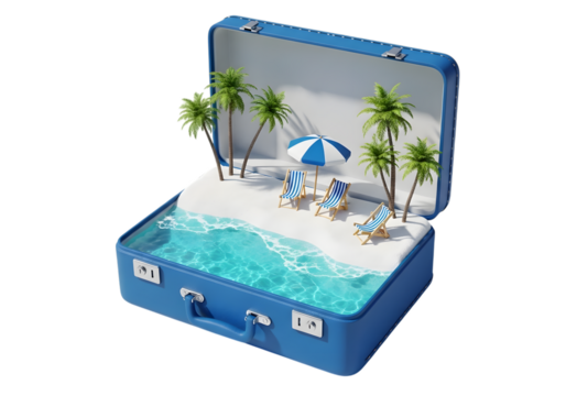 A miniature beach scene is contained within a blue suitcase, isolated on transparent background - Powered by Adobe