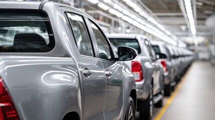 Fototapeta premium A line of new silver pickup trucks on an assembly line inside a bright manufacturing factory, showcasing mass production.