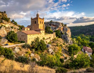 A picturesque vista of a historic monastery nestled amongst dramatic cliffs and a valley landscape.
