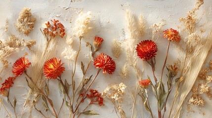 Artistic dried flower arrangement featuring red strawflowers and various dried grasses on a textured white background, creating a rustic vibe