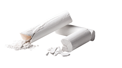 White chalk broken into small pieces with dusty texture classroom writing supply and education art material isolated on white background