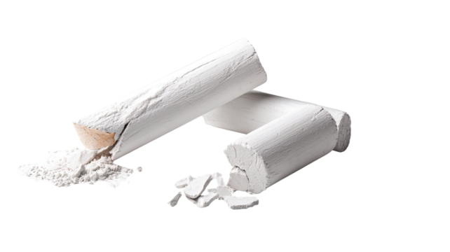 White chalk broken into small pieces with dusty texture classroom writing supply and education art material isolated on white background