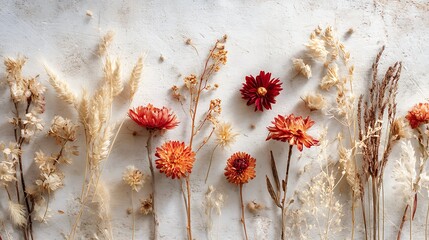 Dried flowers and grasses on a white textured background create a warm and inviting autumn floral arrangement for a cozy home decor