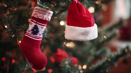 A red Christmas hat and a red stocking hanging on a tree branch, with a blurred Christmas tree in the background, decorated with lights and ornaments