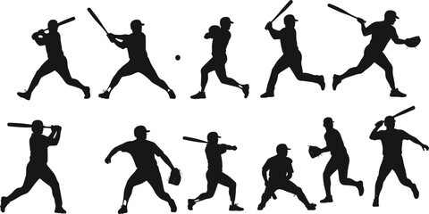 Baseball silhouettes, sports action, player poses, batting, pitching, catching, fielding, athletic motion, vector art, black and white, dynamic movement, baseball icons, sports illustration, l 