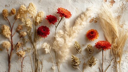 Arrangement of dried flowers on a textured surface, showcasing a mix of colors and textures, creating a visually appealing and natural composition