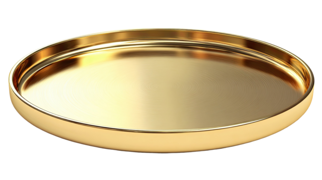 Shiny golden circular plate with elegant metallic finish luxury decorative dinnerware for festive dining or home accent isolated on white background
