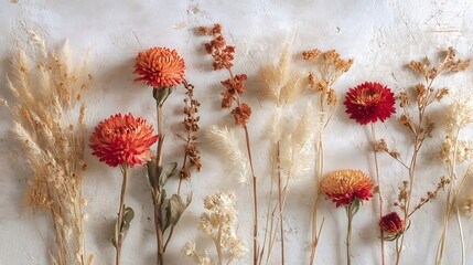 Dried flower arrangement on a textured backdrop, featuring a variety of botanical elements in warm hues, creating a rustic and charming aesthetic