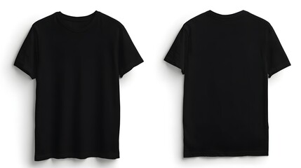 A plain black t-shirt displayed from the front and back, showcasing a simple design